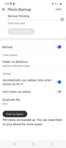 Main photo backup and options screen on the mobile BeeDrive app