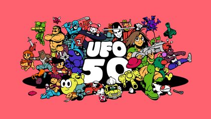 UFO 50 logo, featuring many of the characters from the game