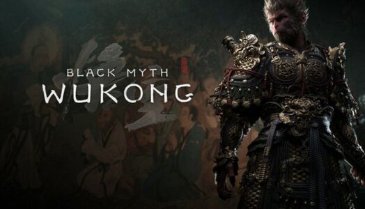 Black Myth Wukong logo with art from the game adjacent to the text copy.